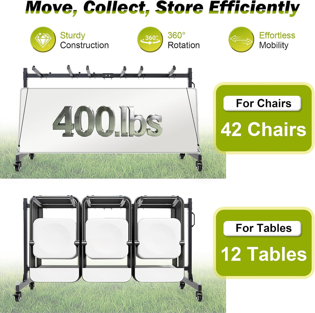 RANTILA Folding Chair Cart, Heavy Duty Chair Storage Dolly Holds 42 Chairs or 12 Tables, 400 lb Capacity Rolling Chair Rack with Swivel Casters, Dust
