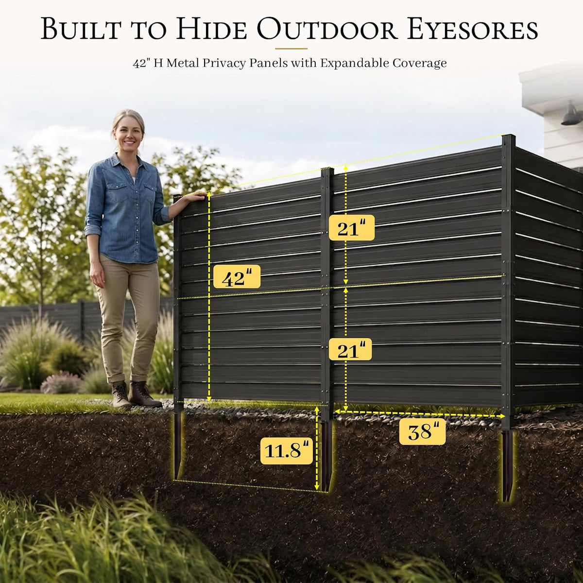 Air Conditioner Fence 3 Panels, 42" H x 9.5 FT W Metal Outdoor Privacy Screen, No Digging HVAC Fence with Louvered Panels, Privacy Fence for AC Unit