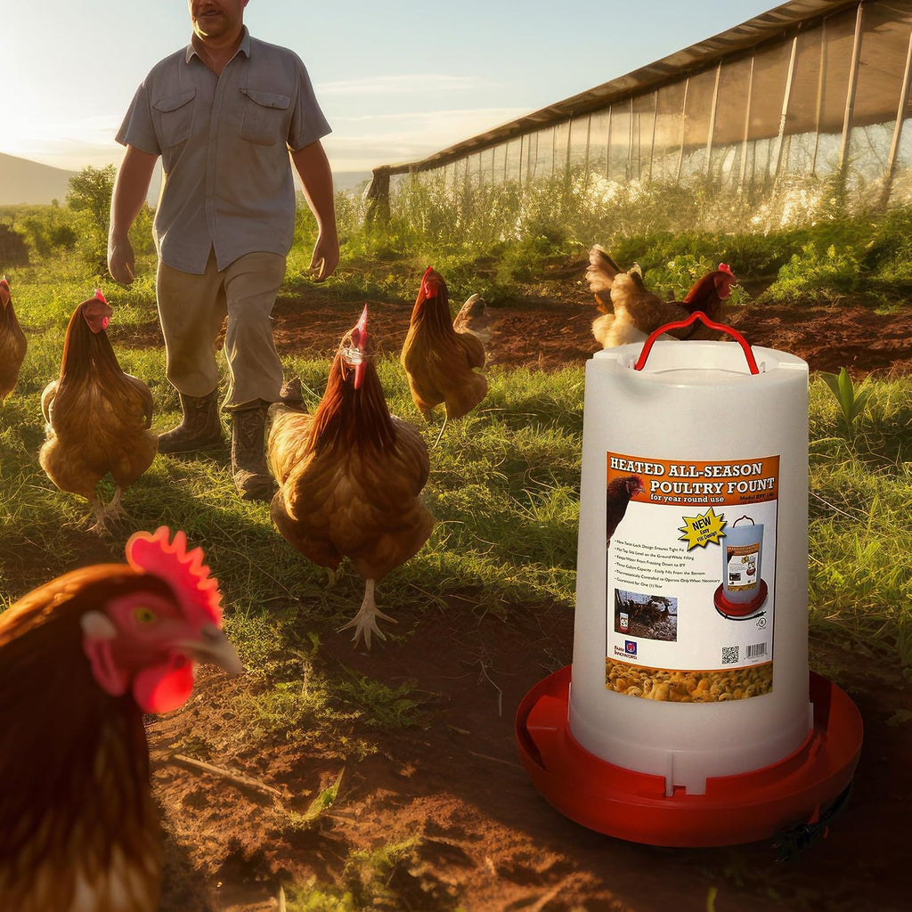 Farm Innovators Thermostatically Controlled Heated 3 Gallon Plastic Outdoor Year Round Hanging Water Fountain for Poultry Watering, Red