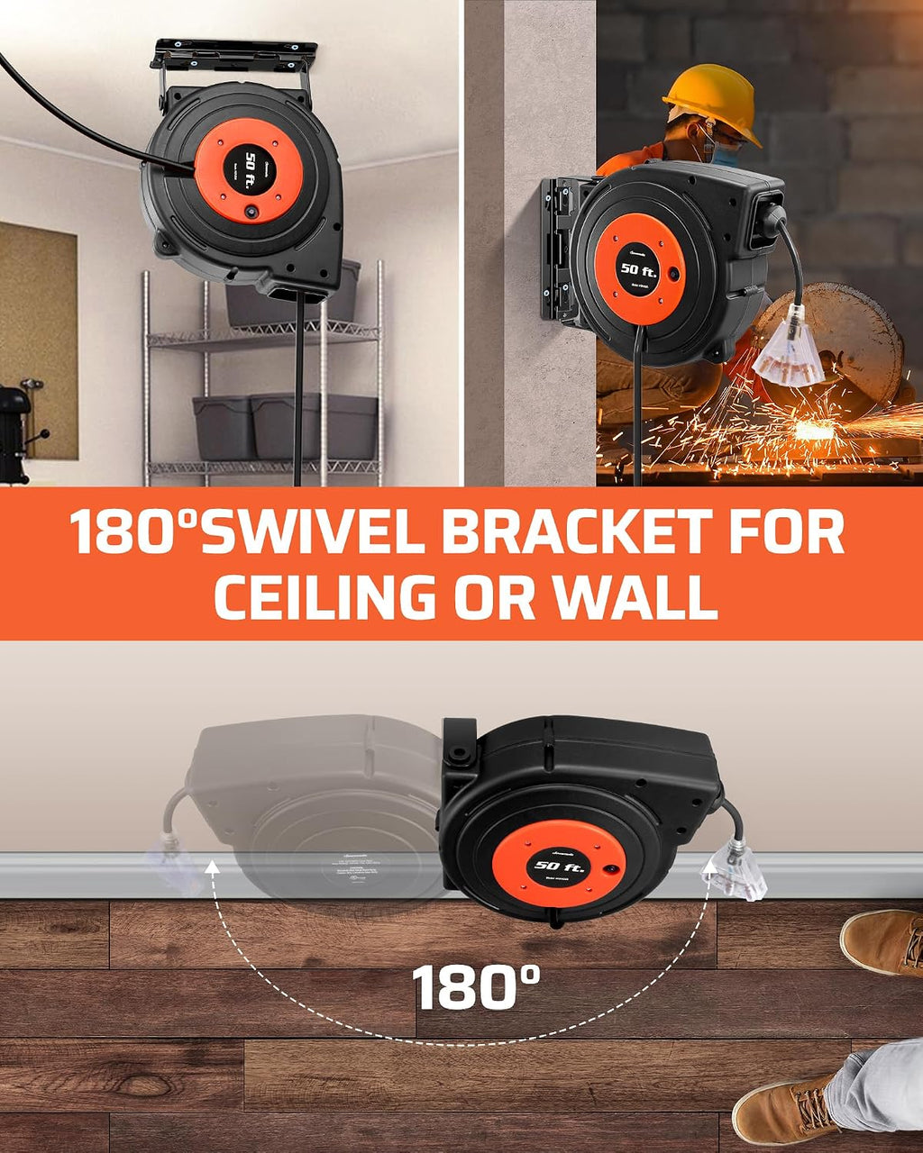 DEWENWILS 50FT Retractable Extension Cord Reel, 14AWG/3C SJTOW Cord Reel