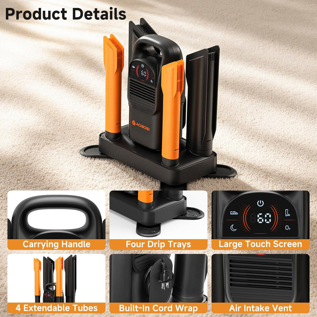 AAOBOSI Shoe & Boot Dryer with Deodorizer Mode, 30-720Min Timer, Heat + Fan