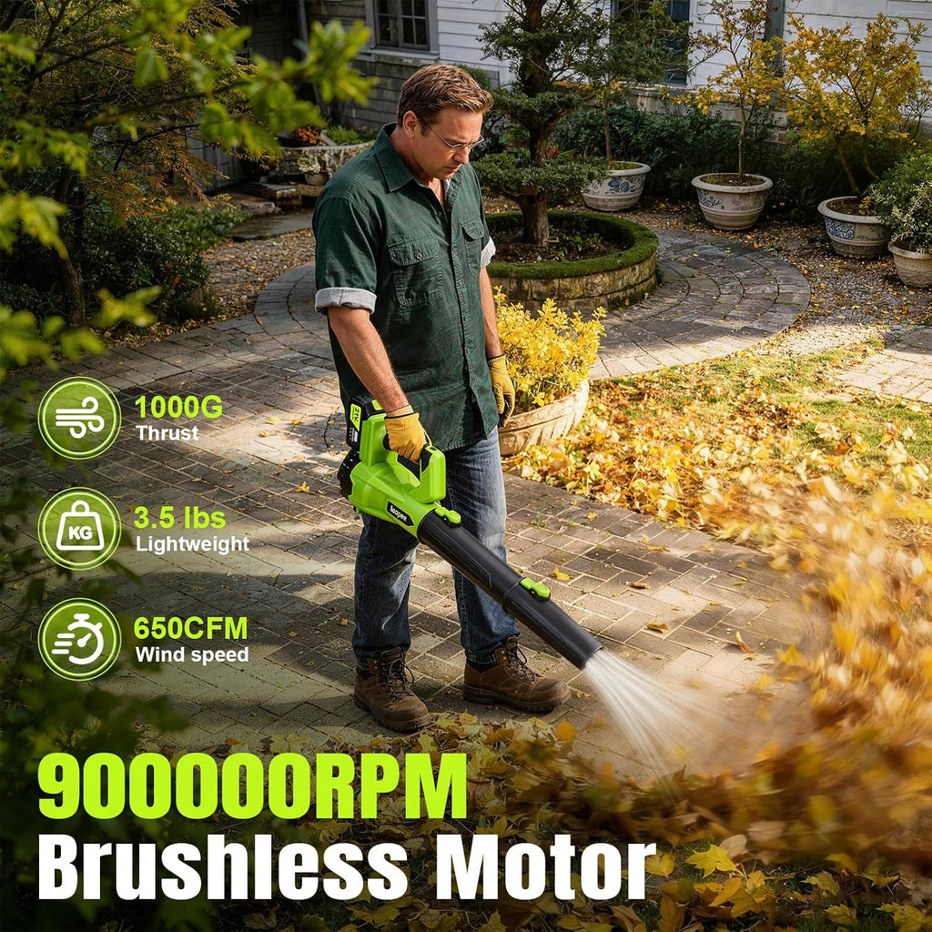 Leaf Blower Cordless 650CFM with 2x4.0Ah Battery & Fast Charger, Lime Green