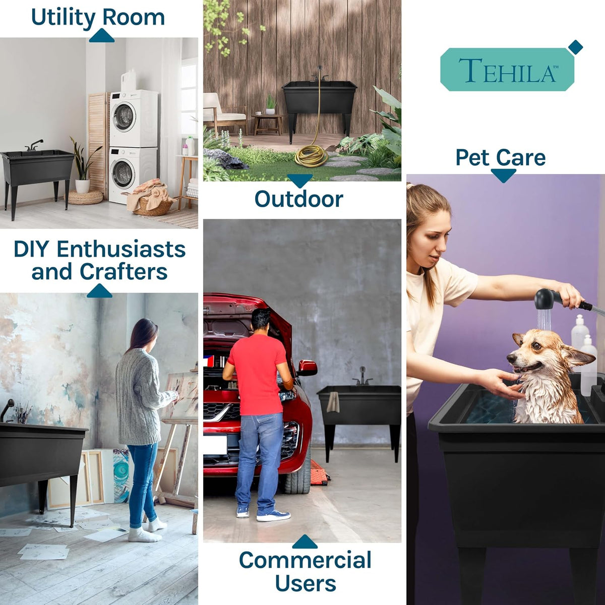 Tehila Freestanding Double-Wide Utility Sink with Steel Legs & Black Pull-Out Faucet, Multi-Purpose Heavy-Duty Laundry Tub and Kitchen Sink for Homes