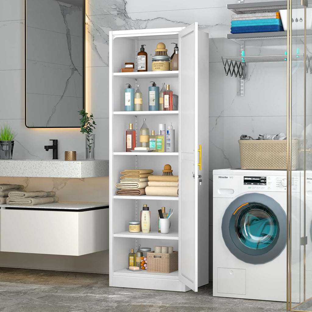 Tall Metal Narrow Bathroom Storage Locker Cabinet 67" H, White Kitchen Pantry Cabinets,File Cabinet Organizer with 5 Adjustable Shelves and Lockable