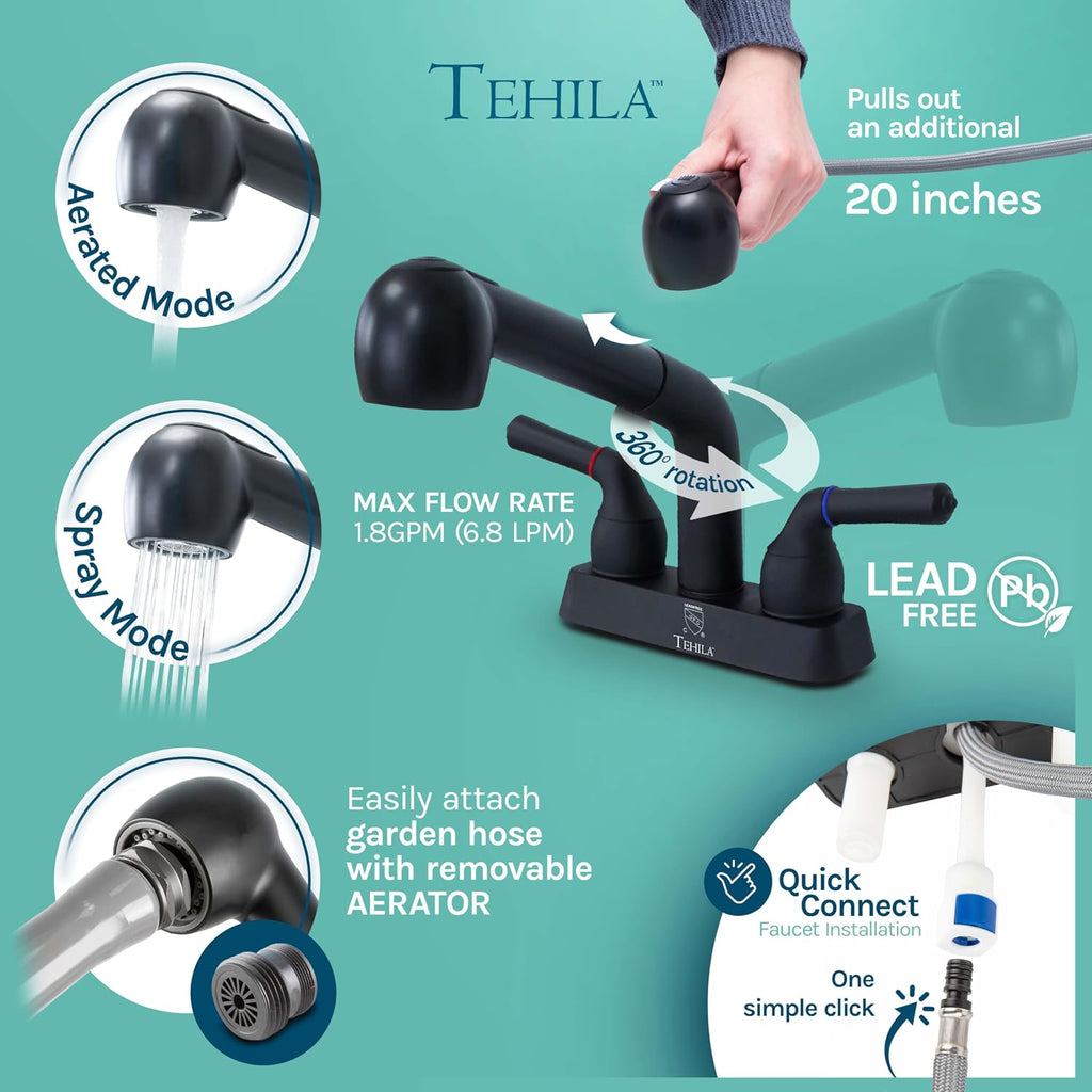 Tehila Freestanding Double-Wide Utility Sink with Steel Legs & Black Pull-Out Faucet, Multi-Purpose Heavy-Duty Laundry Tub and Kitchen Sink for Homes
