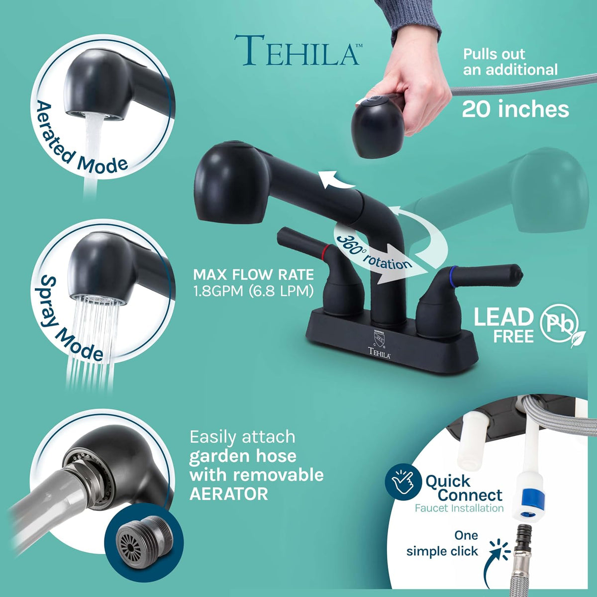 Tehila Freestanding Double-Wide Utility Sink with Steel Legs & Black Pull-Out Faucet, Multi-Purpose Heavy-Duty Laundry Tub and Kitchen Sink for Homes