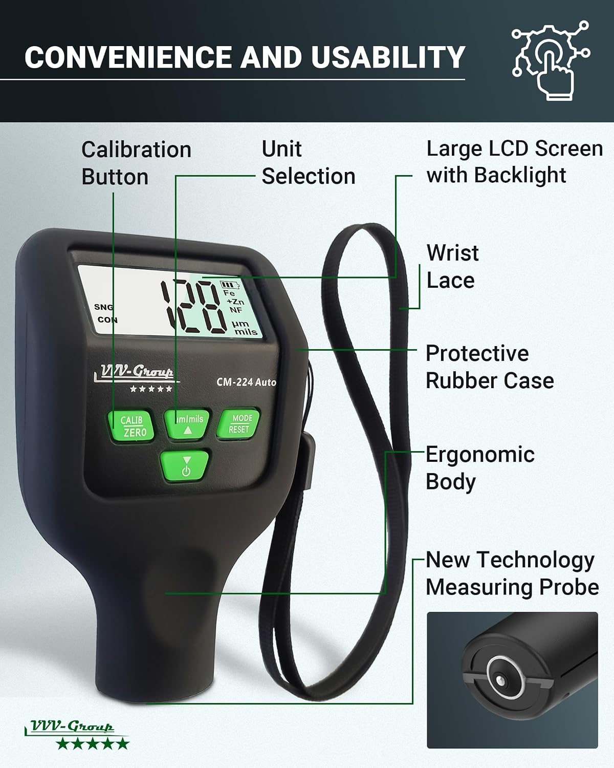 Paint Thickness Gauge CM-224 Auto – Digital Coating Thickness Meter for Cars and Automotive Inspection, Fe / Al / Fe+Zn Detection, 0.1 μm Resolution