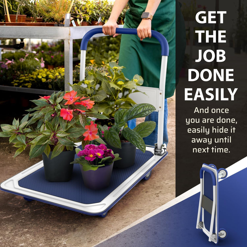 Heavy Duty Foldable Push Cart Dolly | 660 lbs. Capacity | Upgraded Collapsible Hand Truck Folding Platform with Swivel Wheels | Flat Bed Moving Wagon
