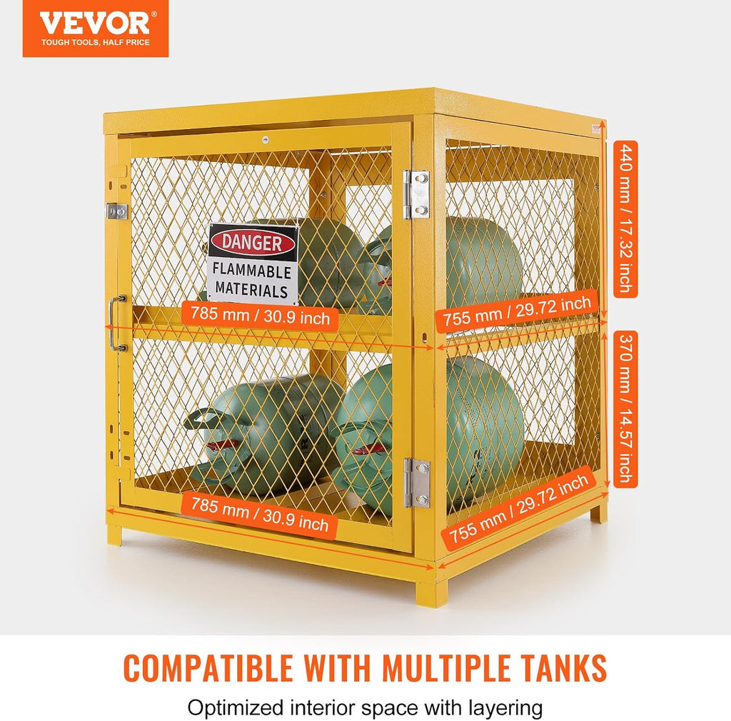 VEVOR Horizontal Cylinder Storage Cabinet, 4 Cylinder Capacity, 31x30x35 inch Propane Storage Cage, Gas Cylinder Cabinet with Yellow Powder Coat