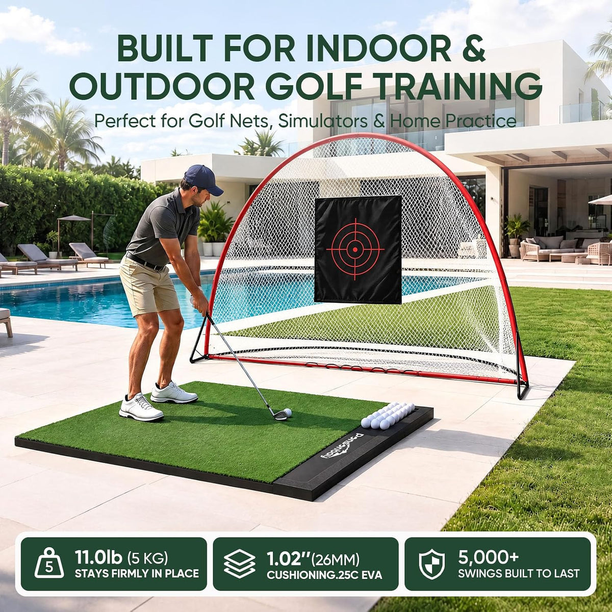 Integrated Golf Hitting Mat with Ball Tray, Thickening Golf Mats Practice Outdoor & Indoor Artificial Turf Matt with 3 Tees
