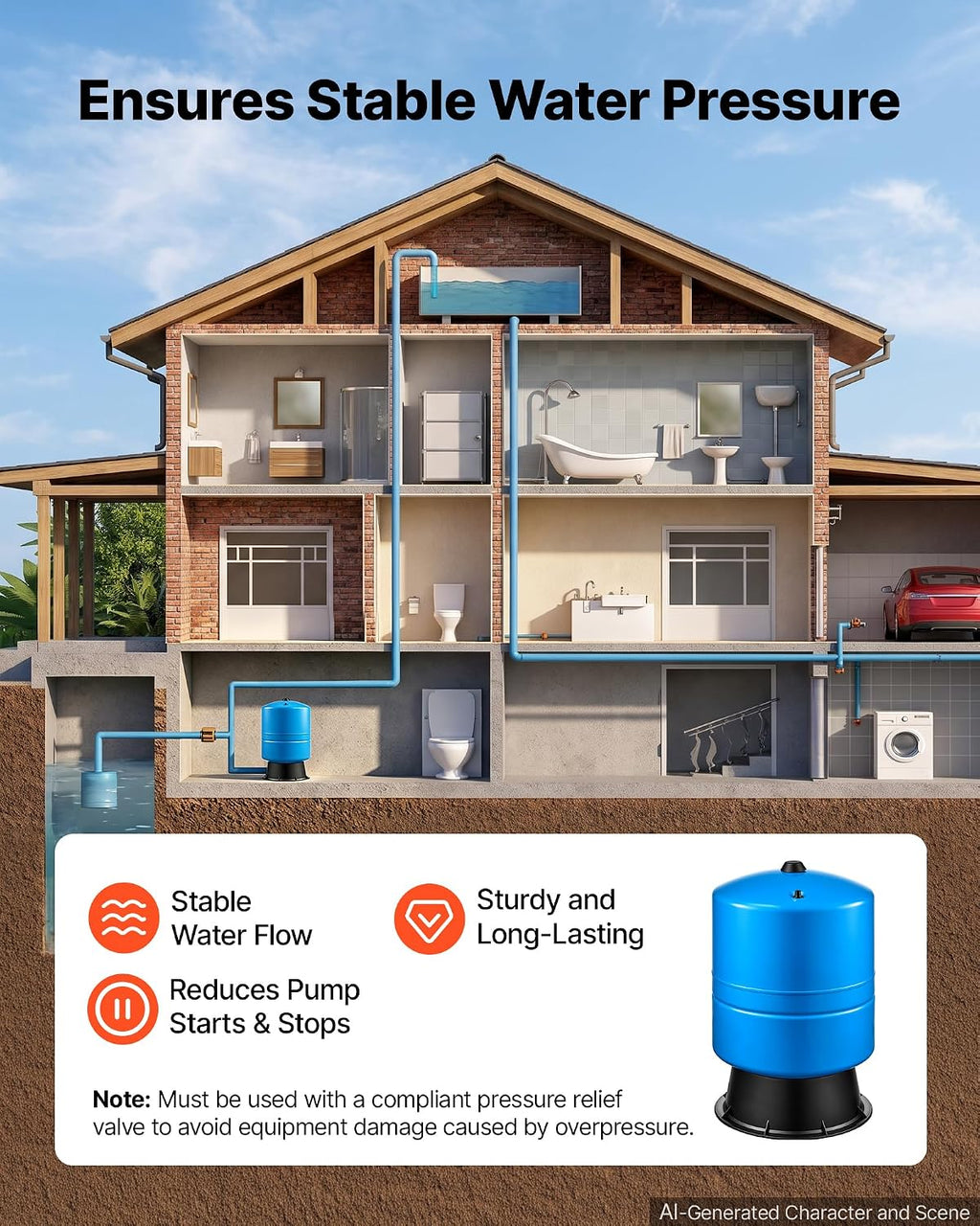 VEVOR 30-Gallon Vertical Well Pressure Tank, Pre-Charged Pressurized Water Tank for Well Pumps, Heavy-Duty Carbon Steel Water Storage Container for