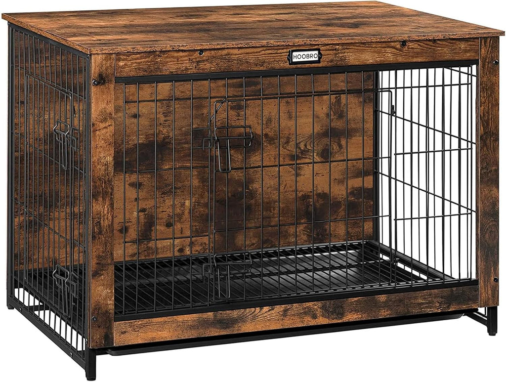 HOOBRO Dog Crate Furniture, 38.6" Large Dog Kennel Indoor, Wooden Cage with Pull-Out Tray, Double Doors Pet House Side End Table for