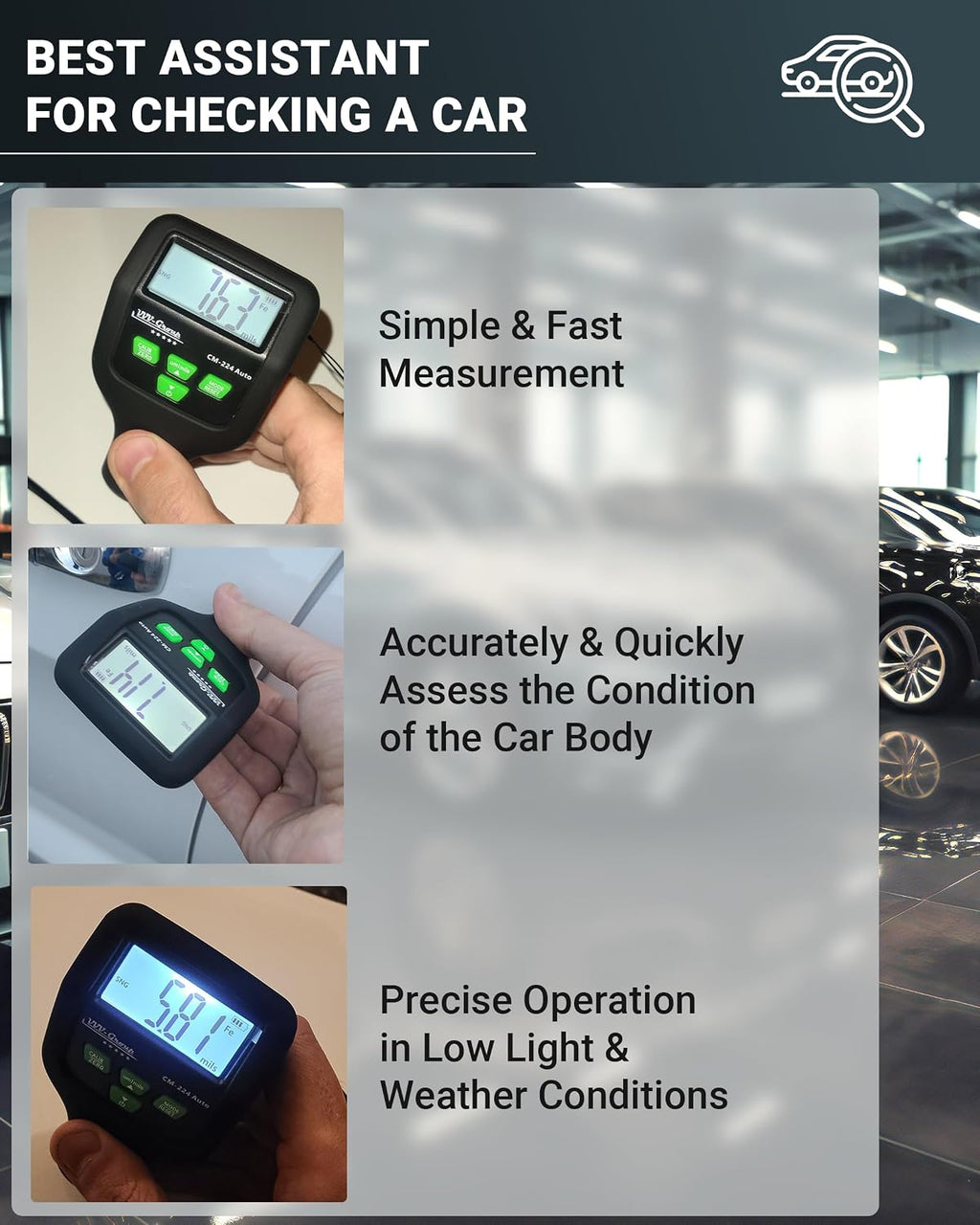 Paint Thickness Gauge CM-224 Auto – Digital Coating Thickness Meter for Cars and Automotive Inspection, Fe / Al / Fe+Zn Detection, 0.1 μm Resolution