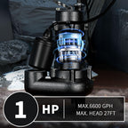 LANCHEZ 1HP 6600 GPH Submersible Sewage Pump, Heavy Duty Cast Iron Effluent Pump with Automatic Tethered Float Switch, Sump Pump for Sump Basin