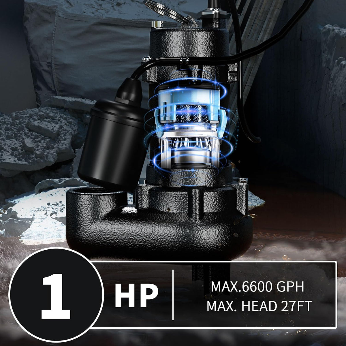 LANCHEZ 1HP 6600 GPH Submersible Sewage Pump, Heavy Duty Cast Iron Effluent Pump with Automatic Tethered Float Switch, Sump Pump for Sump Basin