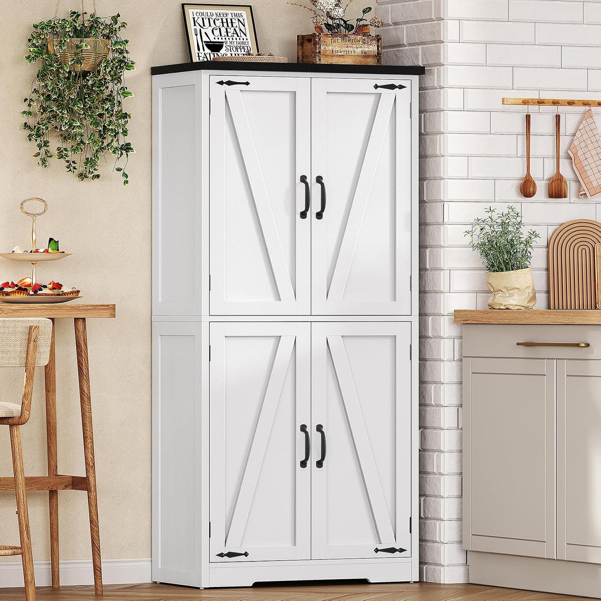 58.5" H Storage Cabinet, Farmhouse Kitchen Pantry Cabinet with 4 Doors