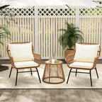3-Piece Rattan Patio Conversation Set With Glass-Top Bistro Table, Two Wide-Arm Chairs And Seat Cushions