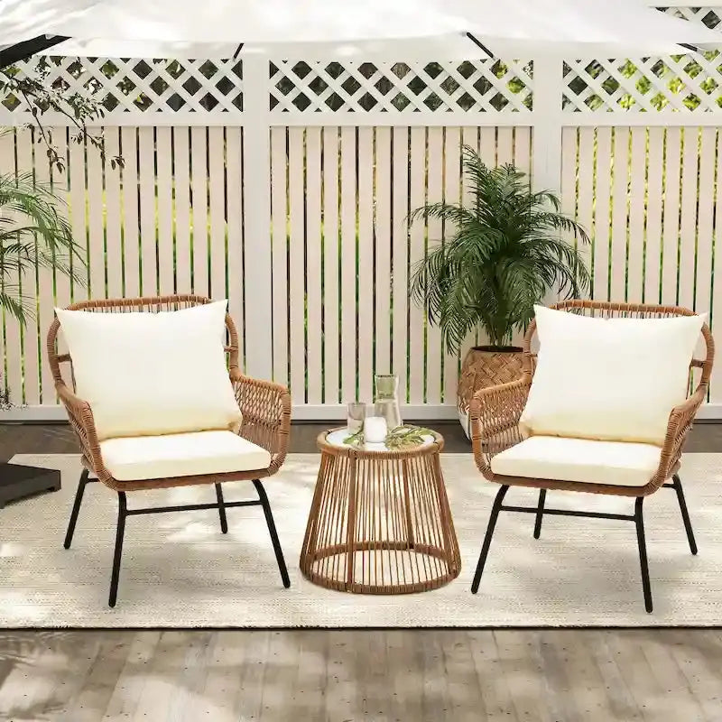 3-Piece Rattan Patio Conversation Set With Glass-Top Bistro Table, Two Wide-Arm Chairs And Seat Cushions