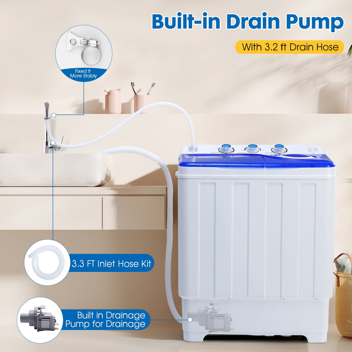 Dawmilon 28lbs Portable Twin Tub Washing Machine with Drain Pump, Compact Laundry Washer for Apartments, Dorms, Blue