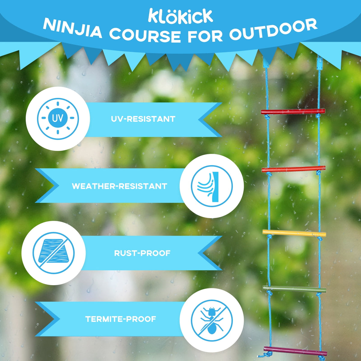 KloKick 50ft Ninja Warrior Obstacle Course with Slackline Monkey Bars and Saucer Swing