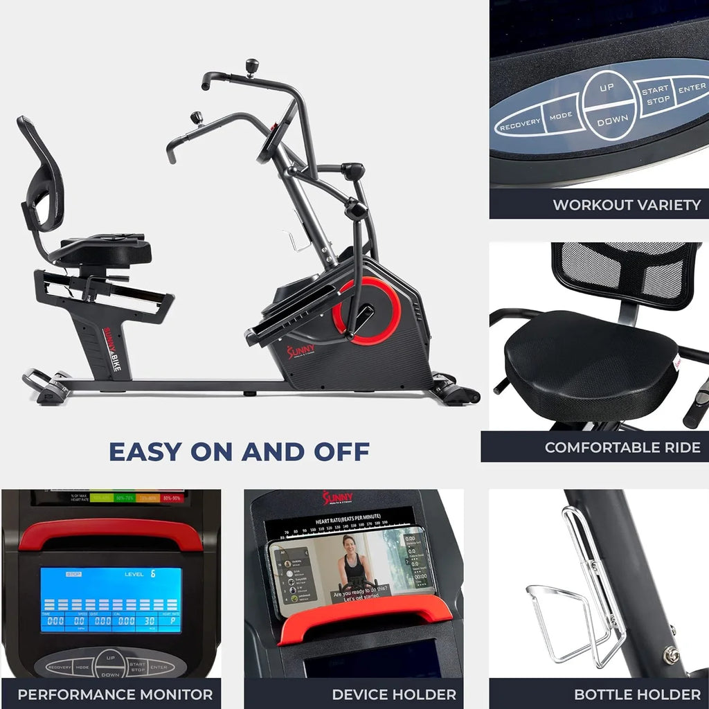 Sunny Health & Fitness Electromagnetic Recumbent Cross Trainer Elliptical Bike With Arm Exercisers - SF-RBE4886SMART