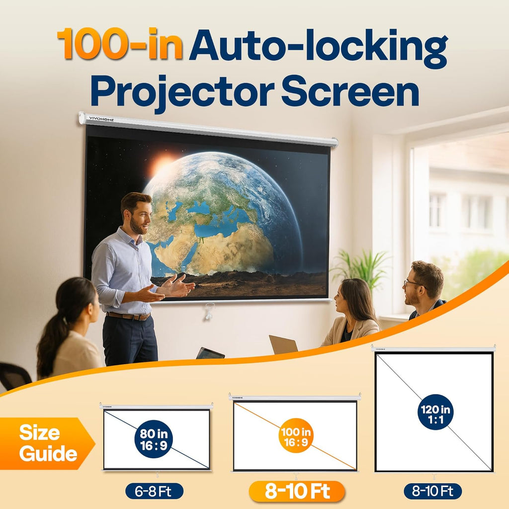 SPECSTAR 100 inch Manual Pull Down Projector Screen, 16:9 HD Retractable Projector Screens with Auto Locking for Movie Home Theater Cinema Office