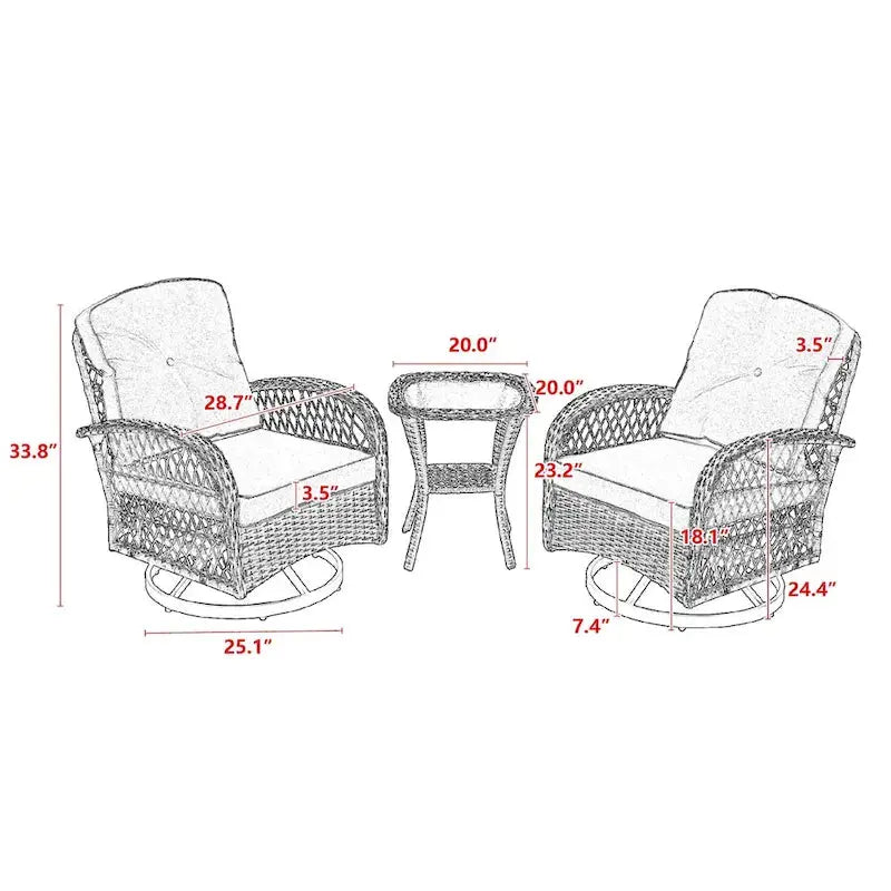 3-Piece Outdoor Swivel Rocker Conversation Set With Tempered Glass Coffee Table