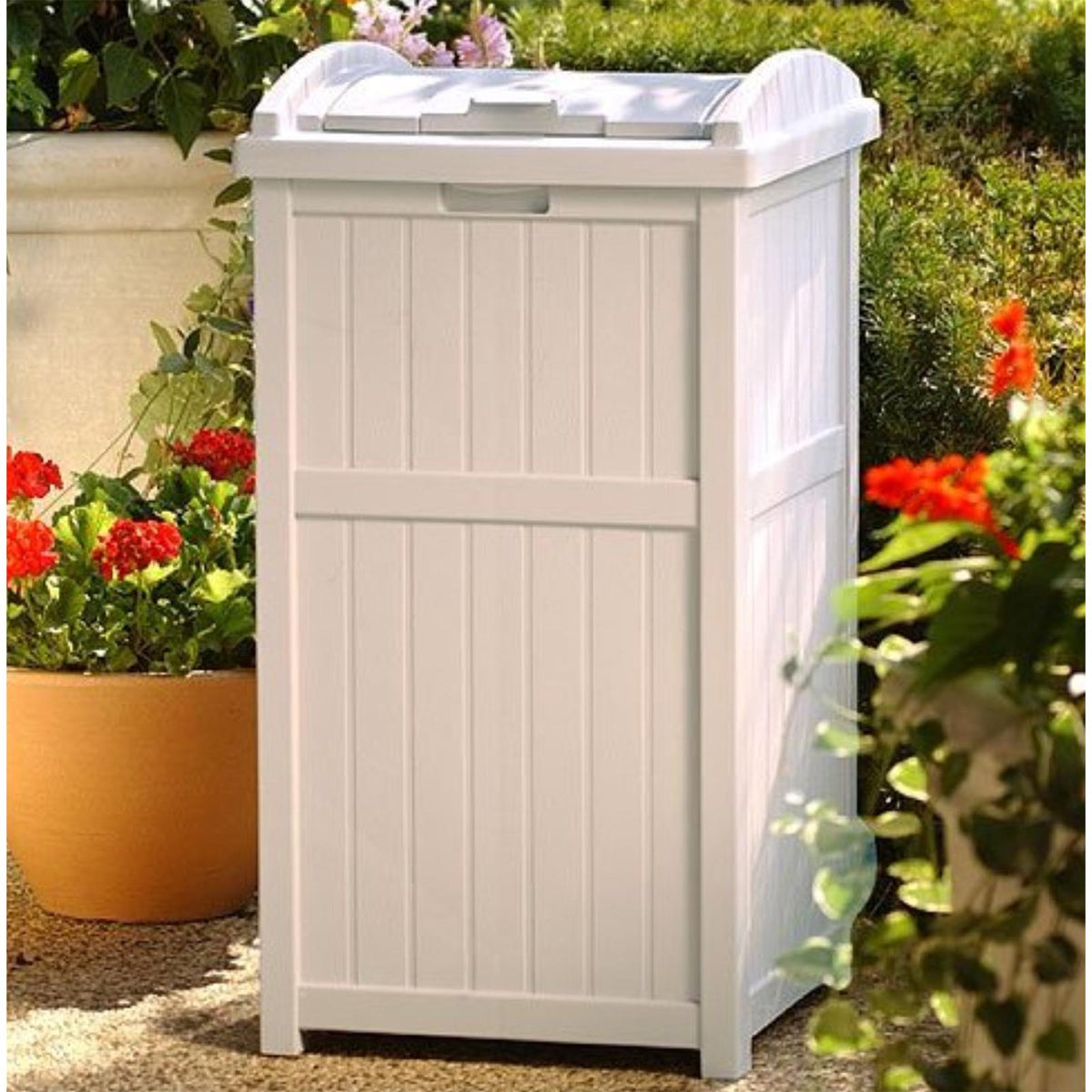 Suncast Trash Hideaway Outdoor Patio Trash Can Bin, 33 Gallon, 1 Java and 1 Taupe