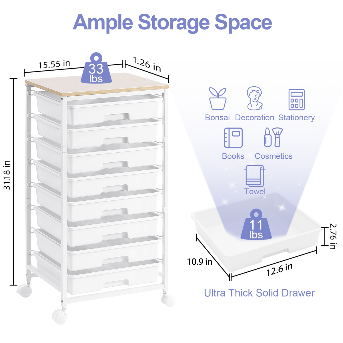 KK KINGRACK Storage Rolling Drawer Cart, Drawer Organizer with 8 Drawers and Wooden Tabletop, Metal & Plastic, White