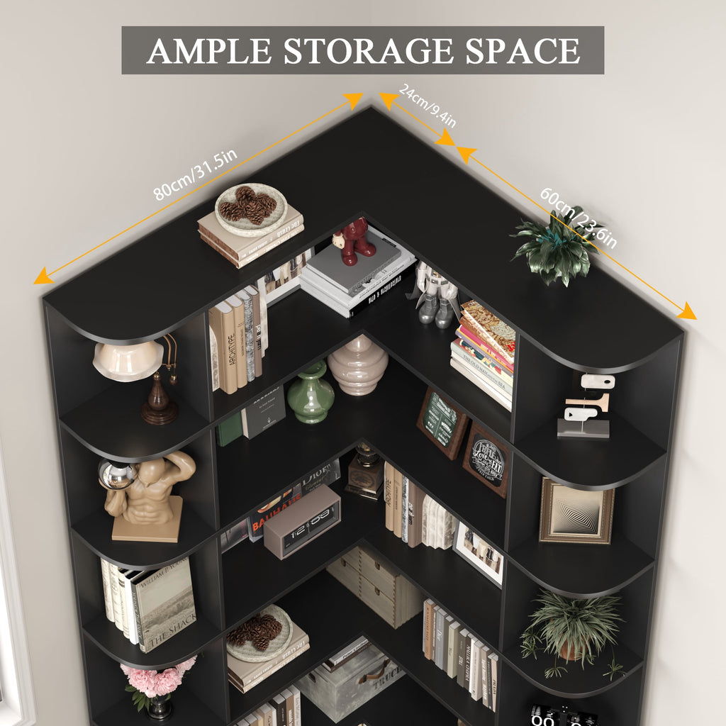 Homfa 73.9” Tall Corner Bookshelf, 6 Tier L-Shaped Large Display Bookcase with Curved Edges for Living Room Home Office Study, Black