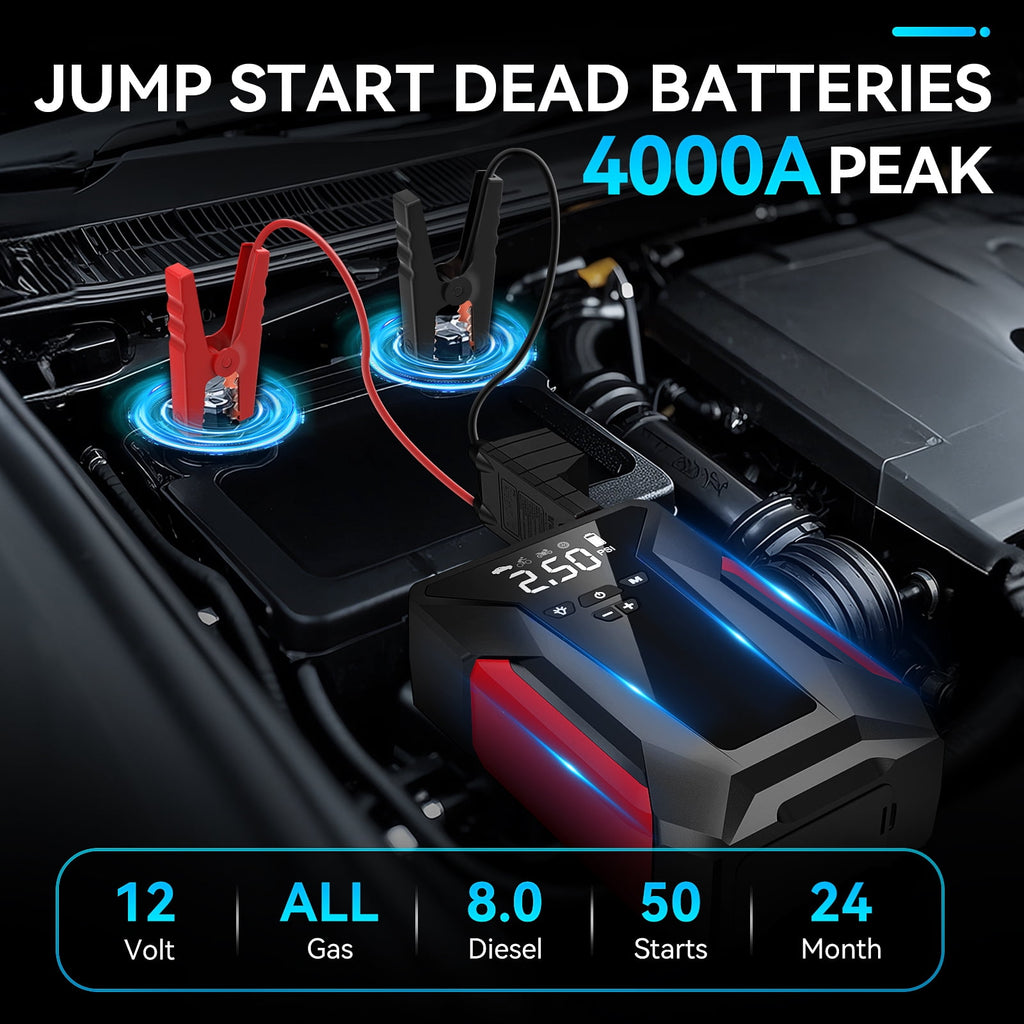 8-in-1 Emergency Jump Starter & Tire Inflator – 4000A Peak for Gas/Diesel Engines, 150PSI Auto-Stop Air Compressor, LED Light + Power Bank | All