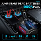 8-in-1 Emergency Jump Starter & Tire Inflator – 4000A Peak for Gas/Diesel Engines, 150PSI Auto-Stop Air Compressor, LED Light + Power Bank | All