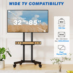 RTVR Modern Rolling TV Cart Stand on Wheels for 32-85 inch TVs, Black Swivel Mount Mobile Base Stand up to 150 lbs