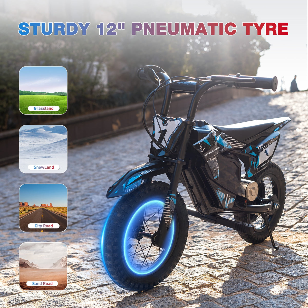 HOVERMAX Electric Dirt Bike for Kids, 150W Motor, Max Speed 10 MPH, Ages 3-7, 14.4V Ride-On Toy with 12" Rubber Wheels