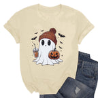 KimSoong Women Halloween T-Shirt Cute Ghost Fall Pumpkin Graphic Shirt Coffee Lover Tees Short Sleeve Tops