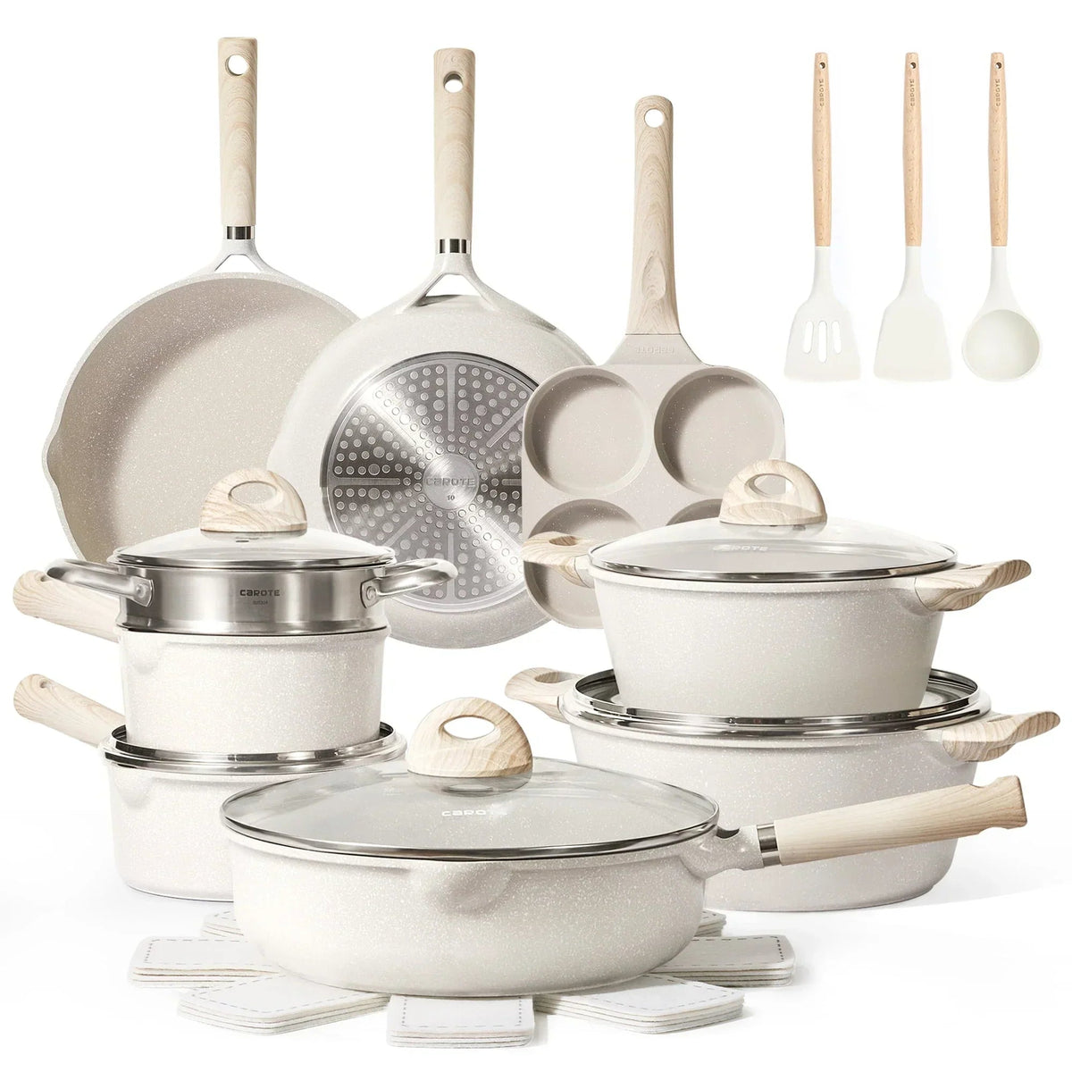 Nonstick Granite Kitchen Cookware Set, 21-Piece, Beige, Induction