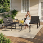 4-Piece steel Patio Furniture Set, Outdoor Leisure Table & Chair Combination with Tempered Glass Coffee Table, Ideal for Porch, Garden & Lawn Black