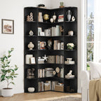 Homfa 73.9” Tall Corner Bookshelf, 6 Tier L-Shaped Large Display Bookcase with Curved Edges for Living Room Home Office Study, Black