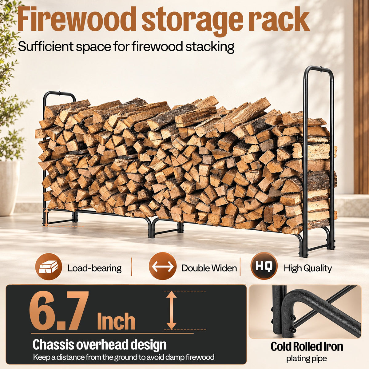 SPECSTAR 8ft Heavy Duty Indoor Outdoor Firewood Storage Log Rack with Cover Combo Set Black