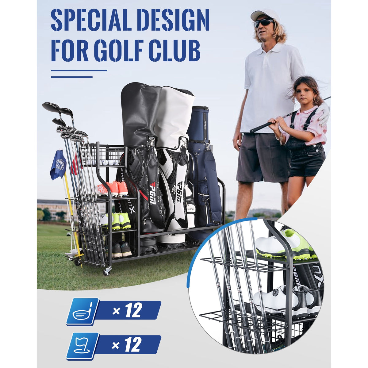 Mythinglogic Golf Bags Storage Rack with Wheels, Holds 3 Bags, Garage Organizer