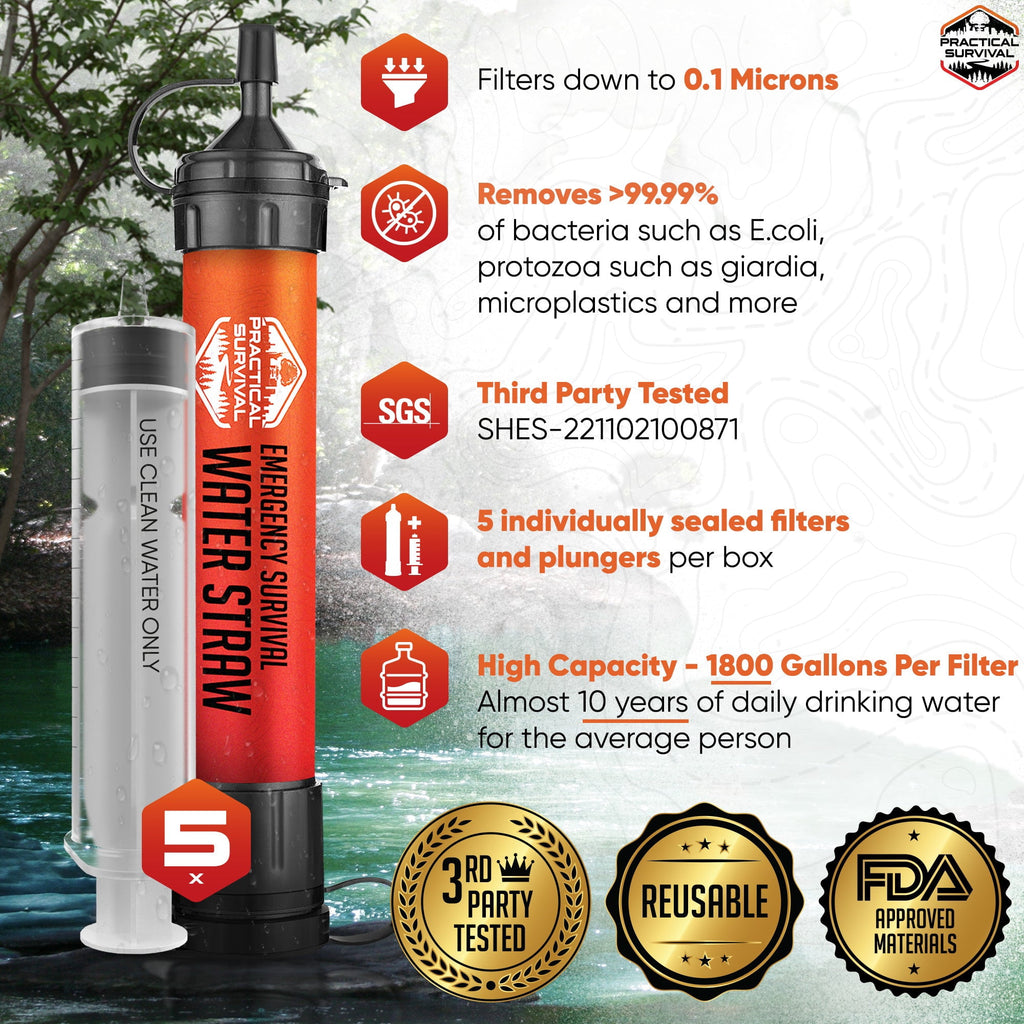 Personal Water Filter Straw, 5-Pack (Family)- Portable Water Filter for Camping, Hiking, Travel, Backpacking, Fishing, Biking, Survival & Emergency