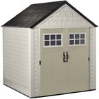 Rubbermaid Resin Outdoor Garden Storage Shed With Windows And Utility Hooks, Sand - 7x7 Ft