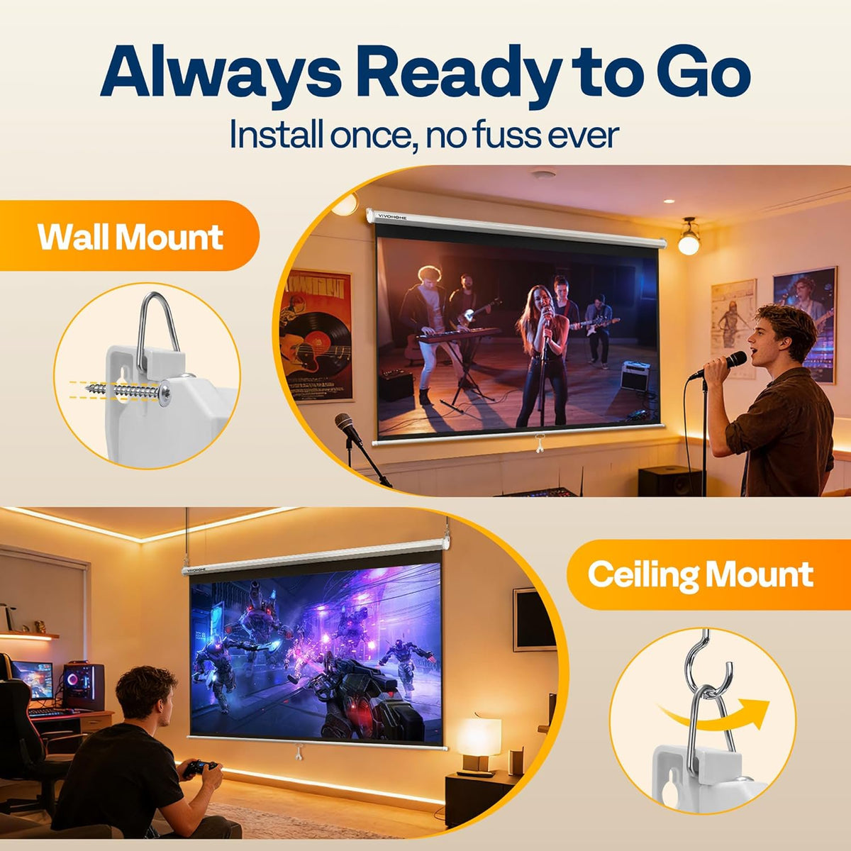SPECSTAR 100 inch Manual Pull Down Projector Screen, 16:9 HD Retractable Projector Screens with Auto Locking for Movie Home Theater Cinema Office