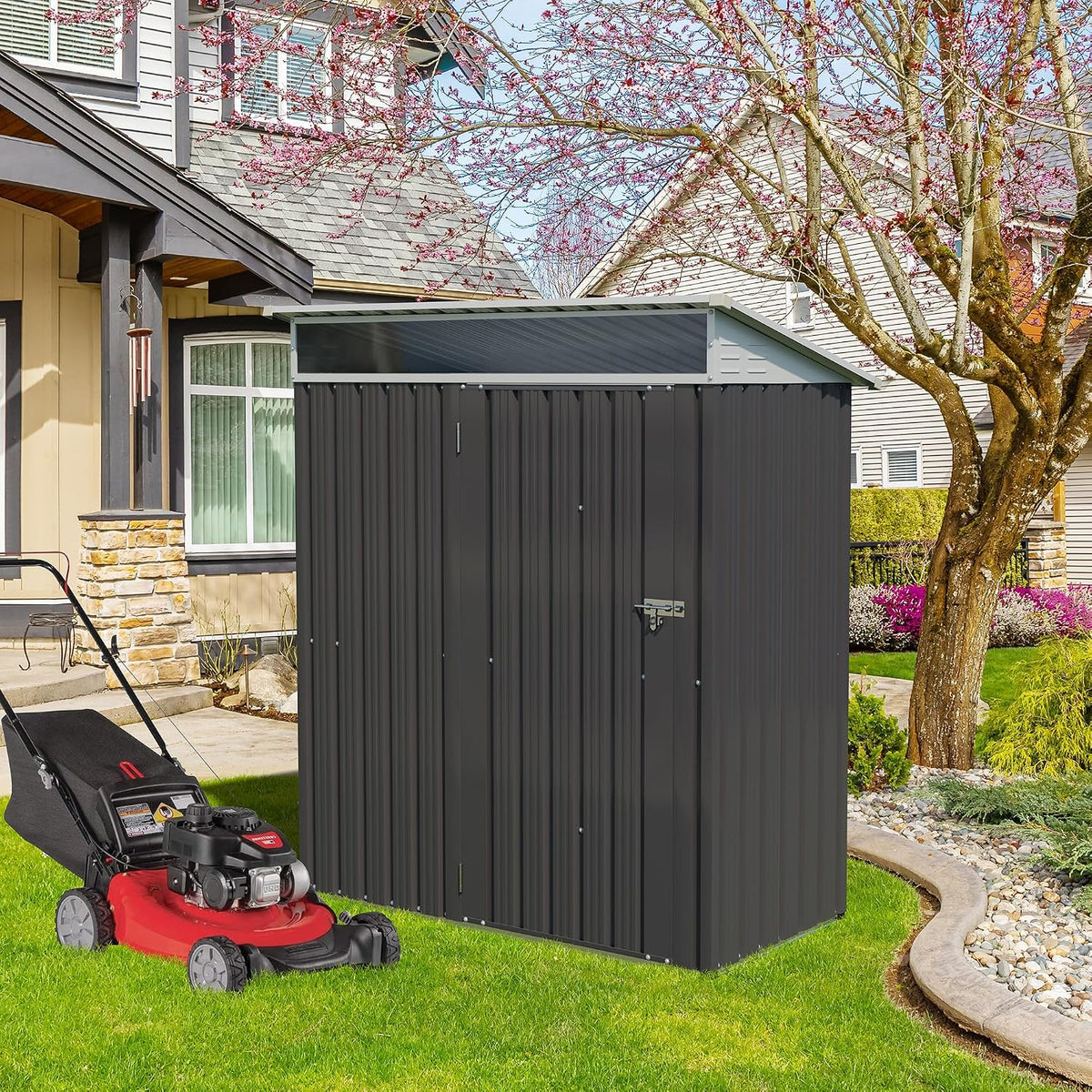 Vongrasig 5 x 3 x 6 FT Outdoor Storage Shed , Metal Garden Shed with Large Window and Lockable Door, Anti-Corrosion Waterproof Tool Shed for Backyard