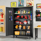 Wide & Deep Metal Storage Cabinet with Wheels,Tall Rolling Garage Storage Cabinet with Lock,Black Metal Cabinets with Shelves and Pegboards,Tool