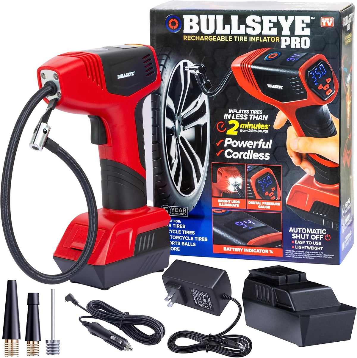 BULLSEYE PRO Tire Inflator with Pressure Gauge, Compact and Portable, Automatic Shut Off, 150 PSI Max, USB Home Rechargeable and Cord for Vehicular
