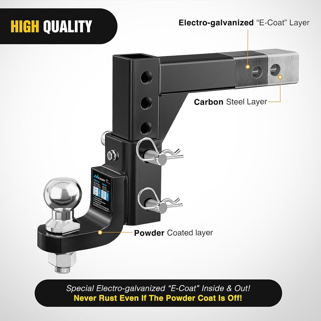 Nilight 8-Position Adjustable Trailer Hitch Ball Mount with 2 inch Ball Fits 2 Inch Receiver with 5/8" Pin Lock 7500 lbs, 9-1/2" Drop, 8-1/4" Rise