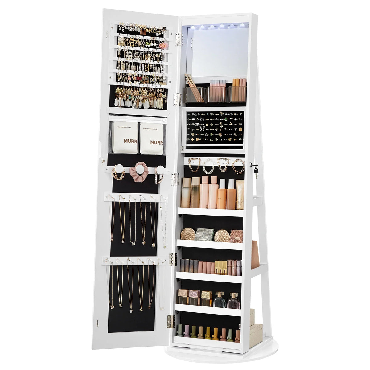 SONGMICS LED Mirror Jewelry Cabinet With Full-Length Mirror, 21.59in D x 21.59in W x 62.59in H