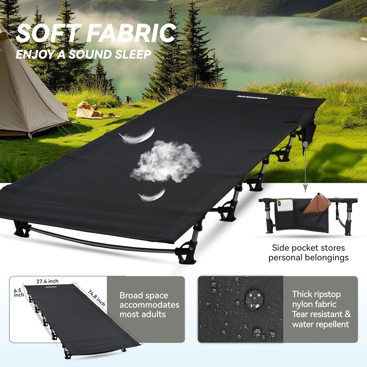 MARCHWAY Ultralight Folding Camping Cot Bed, Portable, Supports 275 lbs