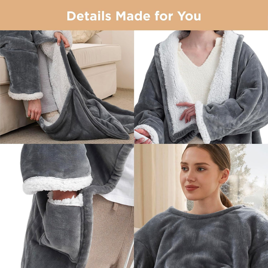 Bedsure Wearable Heated Blanket with Foot Pocket & Sleeves, 50x71+18", Grey